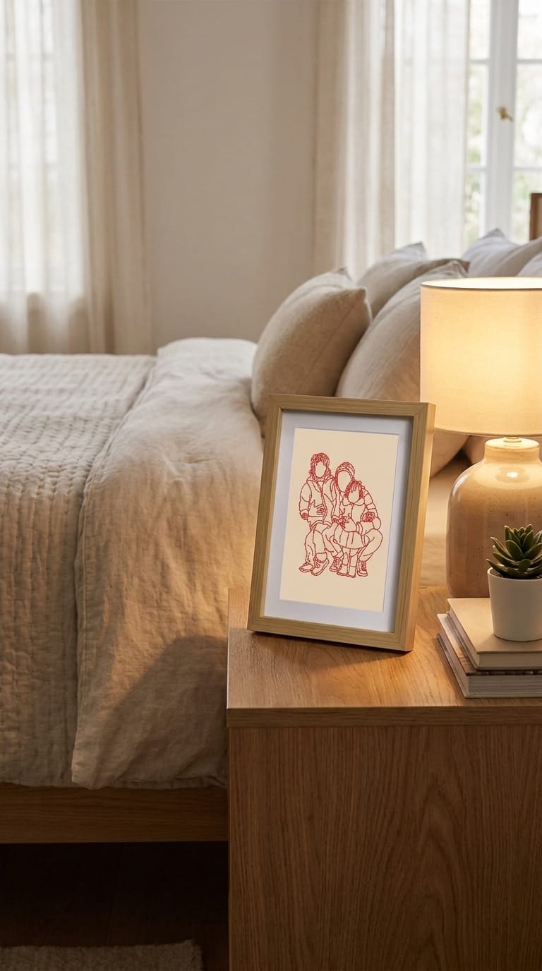 A stitched family portrait in a light wood frame on a bedside table